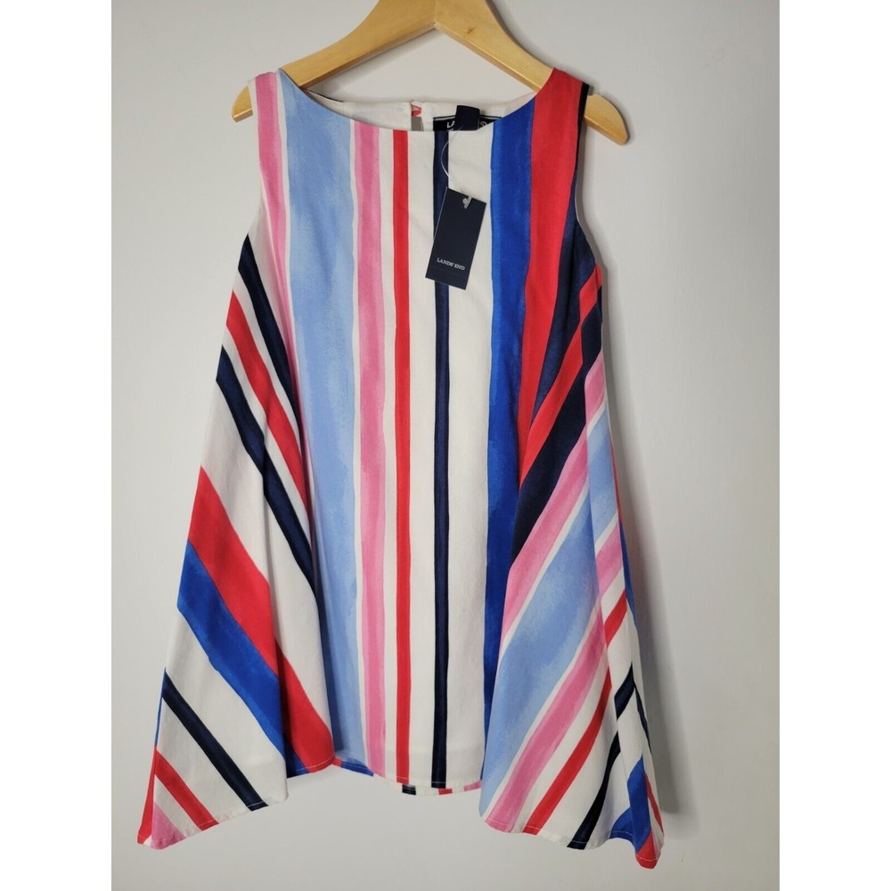 NWT Lands' End Girls Dress Size 5 Red White Blue Sleeveless Cotton Stripe Lined